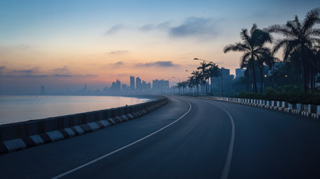 Deserted Mumbai Marine Drive: The iconic Marine Drive in Mumbai, with its sweeping curve along the Arabian Seaの素材