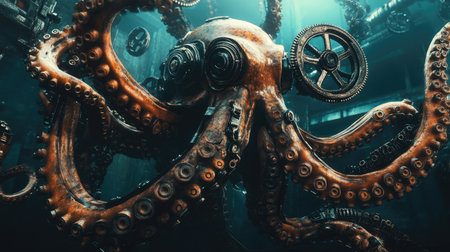 Futuristic marine: A deep-sea octopus with steampunk elements, including gears and metal tentacles, in a darkの素材