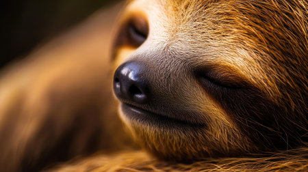 A sleepy sloth captured in a close-up portrait, showcasing its soft fur and peaceful demeanor, with plenty of copy spaceの素材