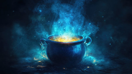 A glowing witch's pot, filled with magical brew, bubbling and emitting a mystical auraの素材