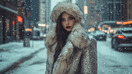 Winter glamour: A woman in a fur coat on a city street, blending fashion with the urban environment for a striking visualの素材