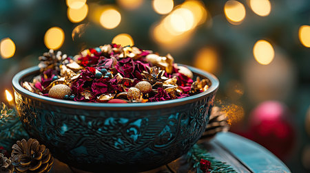 Holiday-themed potpourri in a decorative bowl, set out near the entrance of a home,の素材