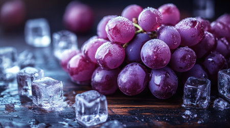 A cluster of fresh purple grapes surrounded by shimmering ice cubes on a dark wooden surface, capturing the contrast betweenの素材