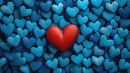 Uniqueness in simplicity: A red heart prominently displayed amidst a pattern of blue hearts,の素材