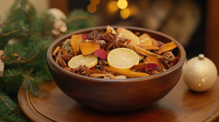 A bowl of aromatic potpourri, featuring warm holiday scents, arranged near the doorway to greet guestsの素材
