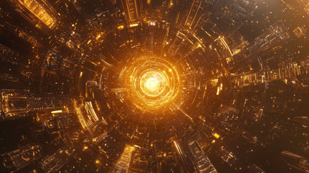 A circular city glowing with golden lights, viewed from above with intricate details and a bright, luminous centerの素材