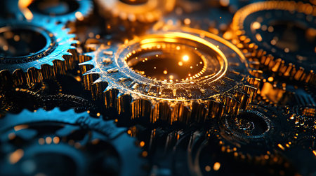 Close-up of intricately designed gears with a golden sheen, set against a luminous backgroundの素材