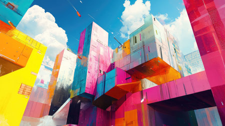Colorful cityscape with dynamic geometric shapes and playful architecture, bathed in bright daylight, evoking energy and vibrancyの素材