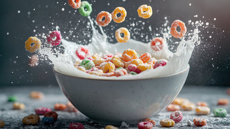 Milk and colorful cereal loops splash into a bowl, creating a dynamic visual on a smoky grey background.の素材