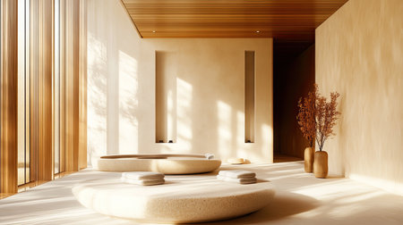Elegant modern interior of a minimalist spa lounge, bathed in natural light and designed for relaxation and tranquilityの素材