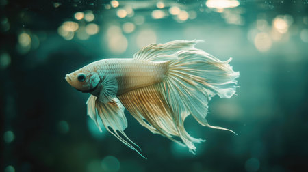 A solitary fighting fish with iridescent scales and long, elegant fins, surrounded by empty space in a dimly lit aquariumの素材