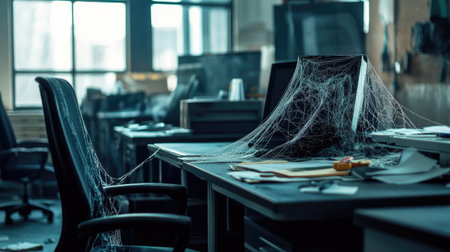 A vacant office, dust settling and spider webs growing, symbolizes labor shortages and the absence of skilled staff in the workplaceの素材