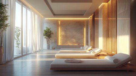 Elegant modern interior of a minimalist spa lounge, bathed in natural light and designed for relaxation and tranquilityの素材