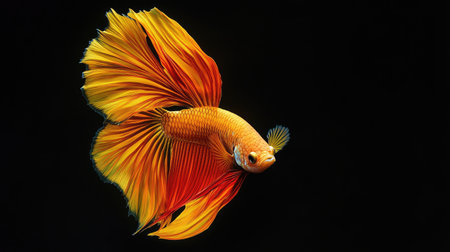 A vivid display of a yellow and red half-moon Siamese fighting fish, with its large fins spread outの素材
