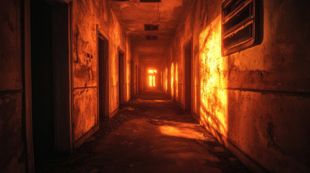 Eerie, fiery light fills a mysterious corridor in an abandoned building, casting long shadows and creating a haunting evening atmosphereの素材