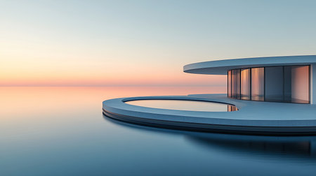 Modern architecture with a circular platform over tranquil blue water at sunset, creating a serene and peaceful scene under a clear skyの素材