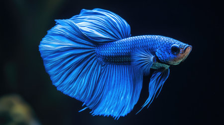 An ethereal capture of an electric blue Betta fish, its vivid fins spreading out gracefully against a deep black backgroundの素材