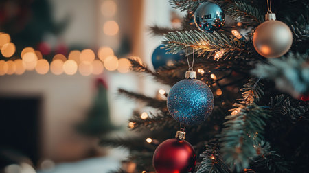 A close-up of a beautifully decorated Christmas tree with twinkling lights and colorful ornaments, leaving plenty of copy spaceの素材