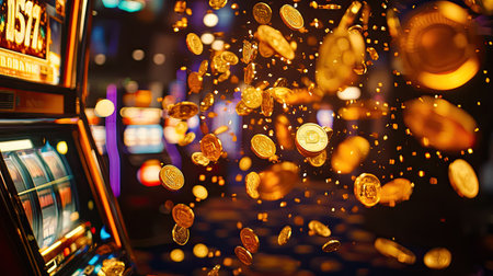 Slot machine jackpot explosion with coins pouring out, filling the casino floor with excitement and fortuneの素材