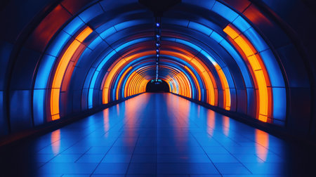 Brightly lit tunnel featuring blue and orange colors, forming a visually stunning and dynamic atmosphere in a modern settingの素材