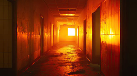 Fiery light illuminates a mysterious corridor in an abandoned building, creating an enigmatic atmosphere during the evening hoursの素材