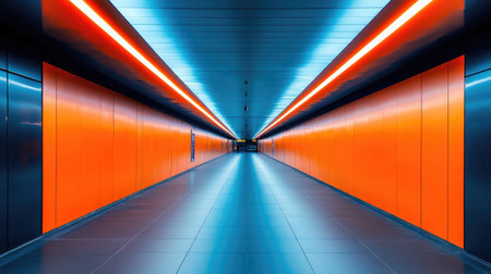 Brightly lit tunnel featuring blue and orange colors, forming a visually stunning and dynamic atmosphere in a modern settingの素材