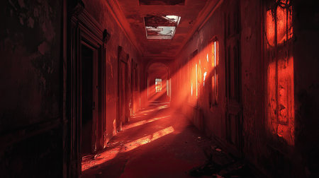 Fiery light illuminates a mysterious corridor in an abandoned building, creating an enigmatic atmosphere during the evening hoursの素材