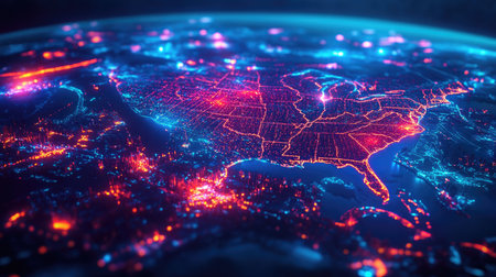 Futuristic North America with glowing cityscapes and tech infusion, captured in a digital night scene with vibrant colorsの素材