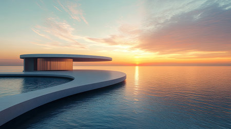 Modern architecture with a circular platform over tranquil blue water at sunset, creating a serene and peaceful scene under a clear skyの素材