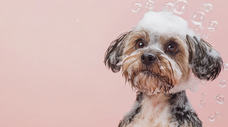 Soaked dog with soap bubbles in its fur, overflowing onto a pastel background. Playful,の素材