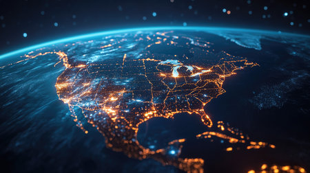 North America in a digital futuristic style, with cities glowing brightly at night, showing technological integrationの素材