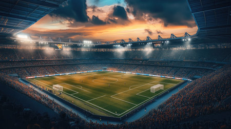 Twilight falls over a soccer stadium, filled with energetic fans, capturing the thrill and passion of the gameの素材