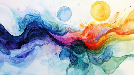Abstract watercolor art with flowing colors and natural shapes, forming a vivid,の素材