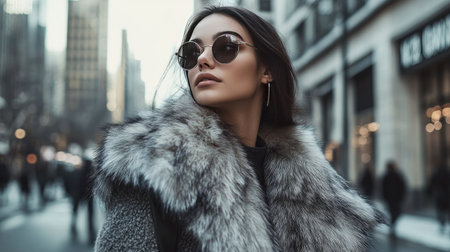 Winter glamour: A woman in a fur coat on a city street, blending fashion with the urban environment for a striking visualの素材