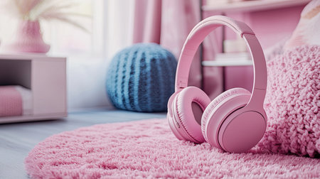 Cozy mat adorned with stylish pink headphones and accessories in a modern room, highlighting the blend of comfort and styleの素材