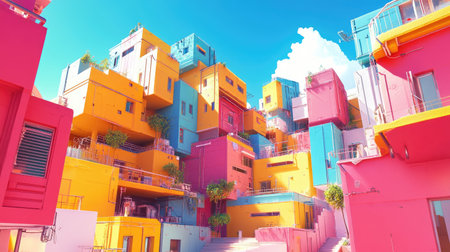 Bright and colorful cityscape with geometric shapes and playful, modern architecture, set against a clear, bright dayの素材