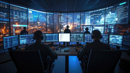 Police officers working in a 911 call center, surrounded by advanced monitoring equipment and digital screensの素材