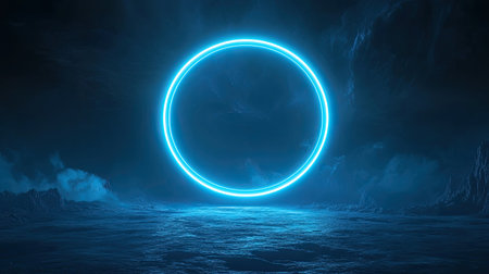 A glowing neon light circle frame floating in the dark blue night sky, creating a futuristic and mystical atmosphereの素材