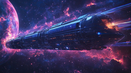 Futuristic train moving through the stars, navigating the vastness of space, symbolizing advanced travel technologyの素材