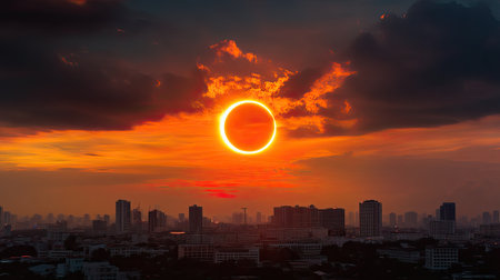 Colorful and dramatic partial annular solar eclipse seen from Kuala Lumpur, with the suna ring partially visible against the skyの素材