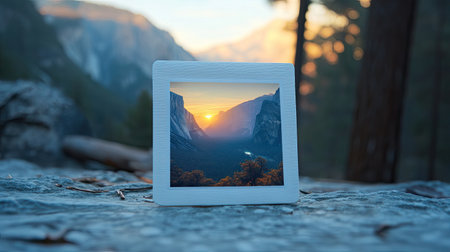 Sunset over Yosemite Valley framed by a polaroid photo, showcasing a personal perspective of this iconic landscapeの素材