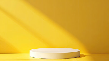 Yellow background with a 3D round product podium, offering a sleek and modern platform for product showcasesの素材