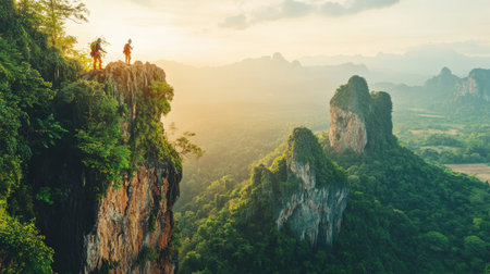 Thai climbers in giant costumes, scaling rugged cliffs with detailed attire, during a calm sunrise. Inspiring natural landscapeの素材