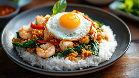 Vivid colors of spicy stir-fried basil with seafood, topped with a Thai fried egg on rice, set in a lively roadside restaurant atmosphereの素材