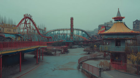 A desolate Chinese theme park, with empty rides and attractions, no visitors, and a quiet atmosphereの素材