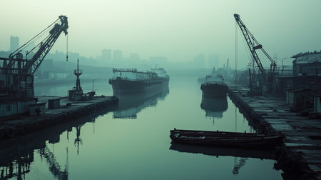 A desolate Chinese harbor, with no ships or workers, just the empty docks and silent waterの素材