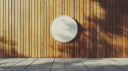 Wooden wall featuring a circular mockup signboard, ready for branding, set in a street sceneの素材
