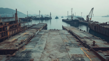 A desolate Chinese harbor, with no ships or workers, just the empty docks and silent waterの素材