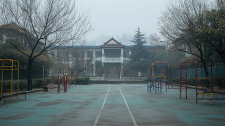 A desolate Chinese school playground, with no children, just the empty structures and silent atmosphere.の素材