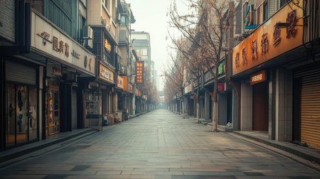 A deserted Chinese shopping district, with no shoppers or open stores, just the empty streets and storefronts.の素材